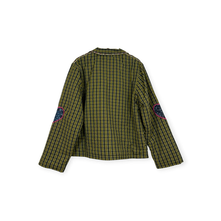 Back view of Birch Island Collective olive green and black plaid quilted jacket with heart elbow patches
